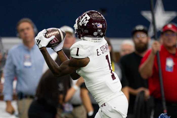 Texas A&M Aggies WR Evan Stewart scoring a touchdown against Arkansas. (Photo by Jerome Miron of USA Today Sports)